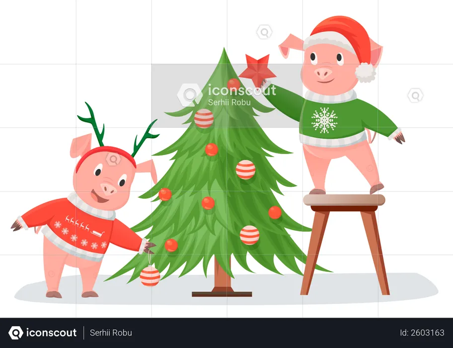 Porcos decorando árvore de Natal  Ilustração