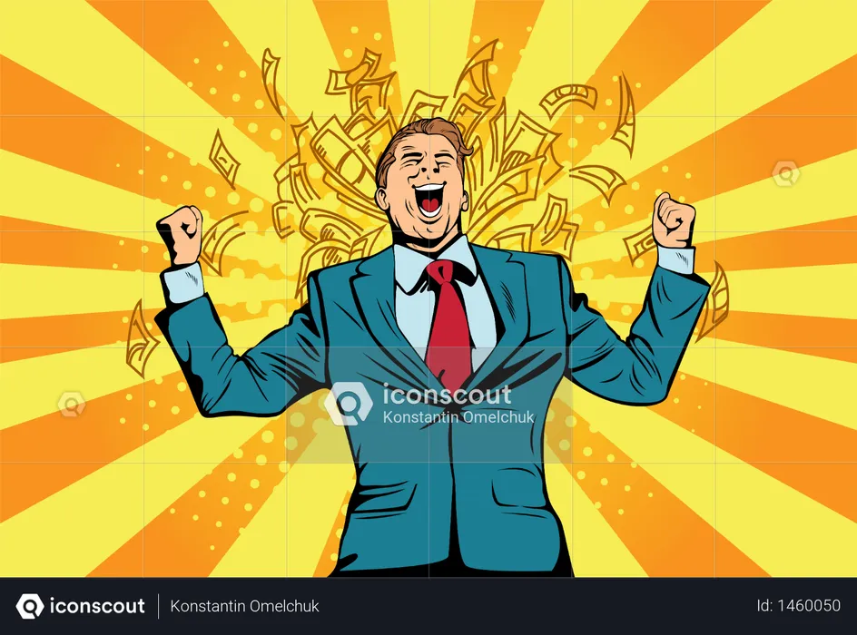 Portrait of a happy businessman standing near a wall with dollar bills falling around him. Financial success celebrating with money, pop art retro comic book vector illustration Lottery and cash prize  Illustration