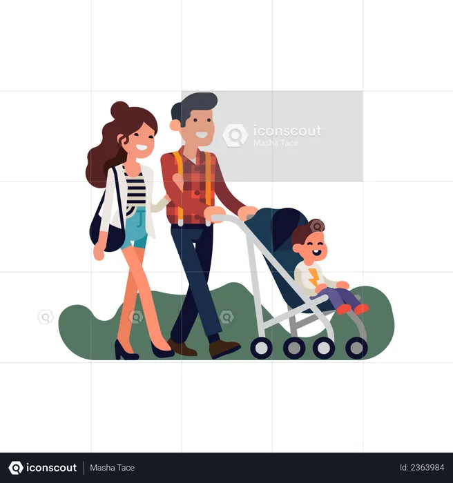 Portrait of happy Caucasian adult parents walking together carrying baby in stroller  Illustration