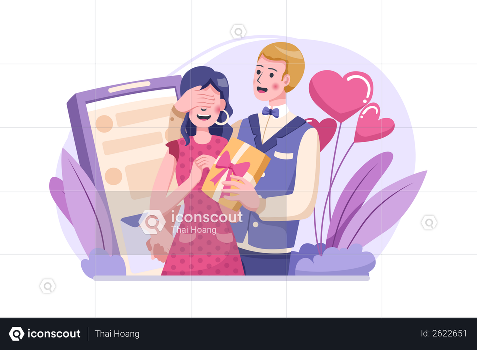 Portrait of young couple giving surprise gift on their love anniversary Illustration
