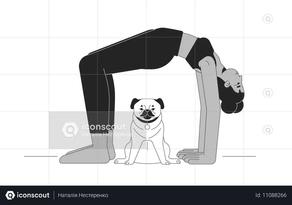 Pose du pont de yoga avec un chien carlin comme compagnon  Illustration