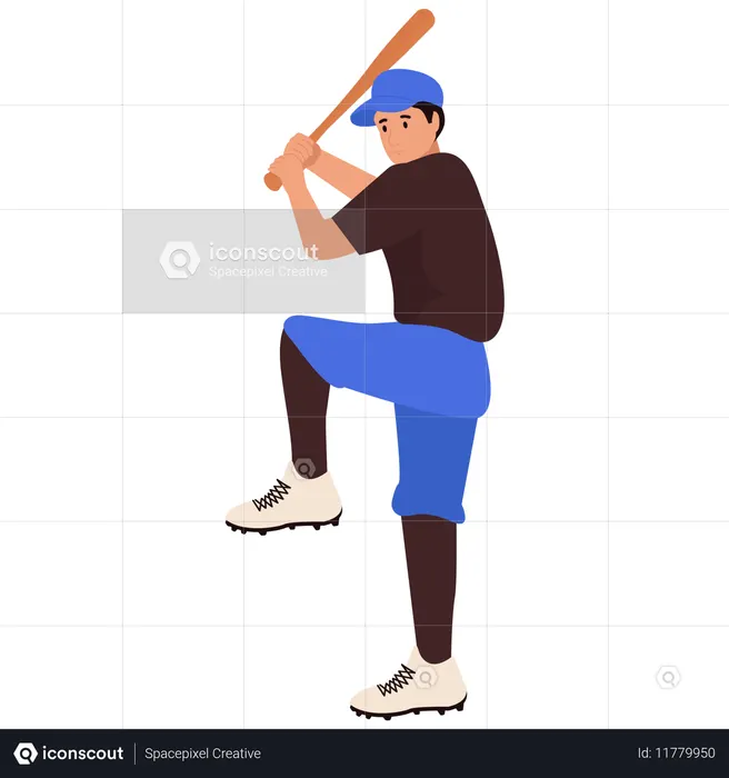Postura de balanço de perna para cima do batedor de beisebol  Ilustração