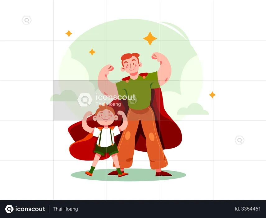 Pose de superhéroe por hijo y papá  Ilustración