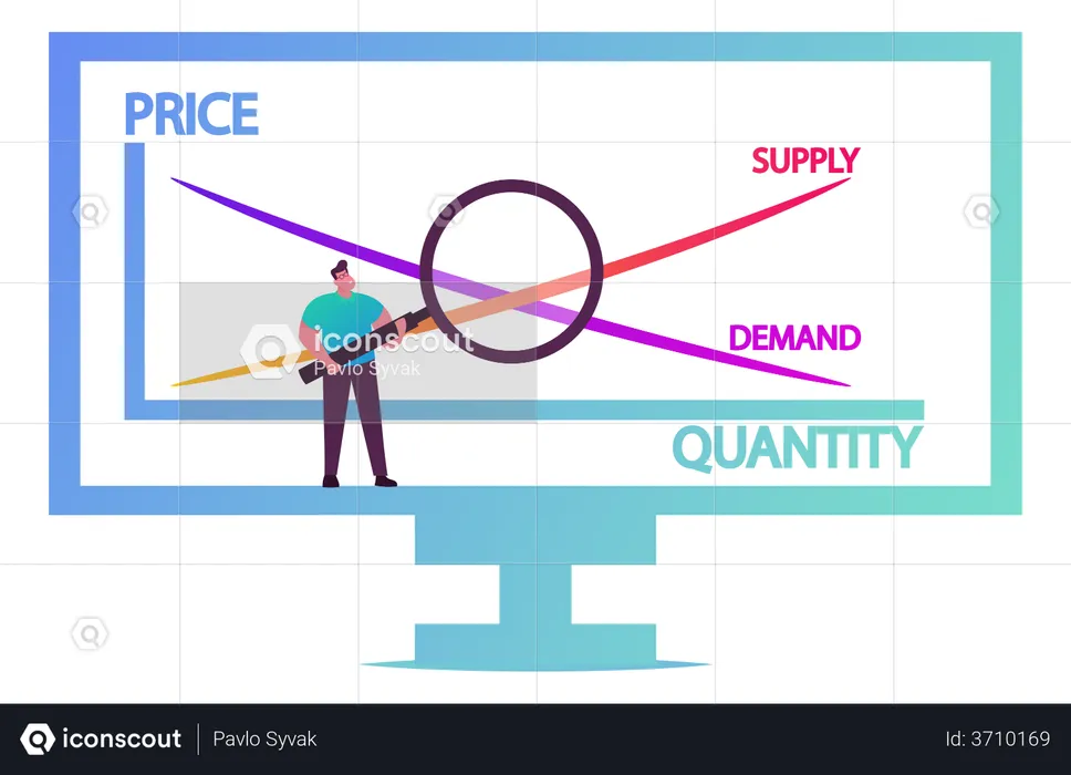 Stand masculino con gráfico de microeconomía que contiene precio y cantidad  Ilustración