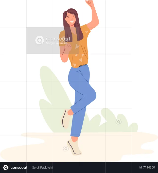 Positive überglückliche Frau jubelt, springt mit erhobener geballter Faust und feiert Erfolg  Illustration