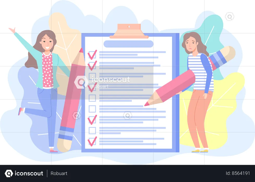 Positive and negative business women with giant pencils nearby marked checklist on clipboard paper  Illustration