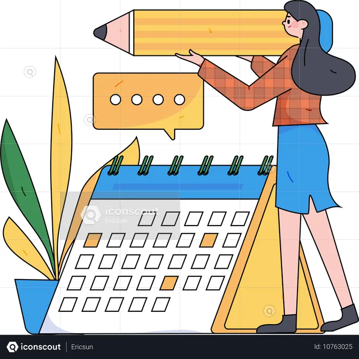 Positive business woman with giant pencils nearby marked calendar  Illustration