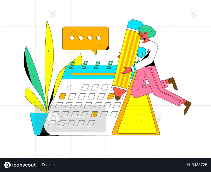 Positive business woman with giant pencils nearby marked calendar  Illustration