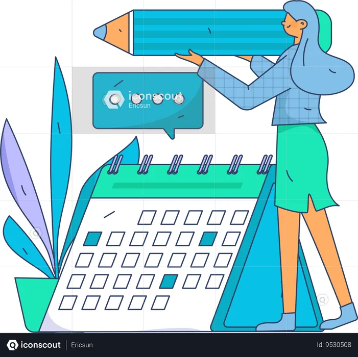 Positive business woman with giant pencils nearby marked calendar  Illustration