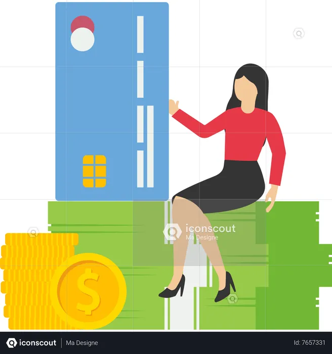 Positive businesswoman sitting relaxed on wallet with money and debit card  Illustration
