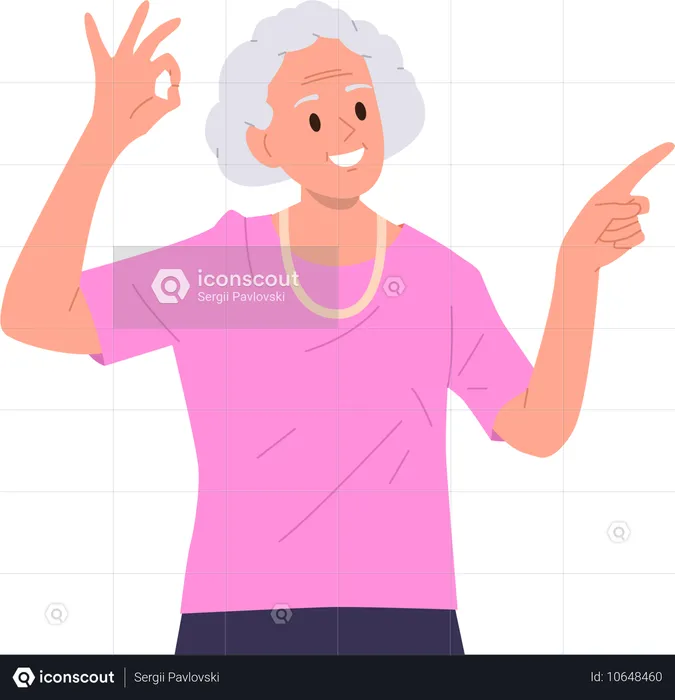 Positive elderly woman  gesturing ok sign pointing finger aside  Illustration