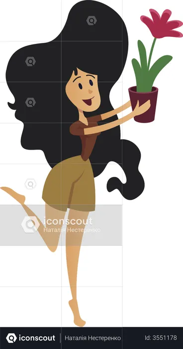 Positive girl with houseplant  Illustration