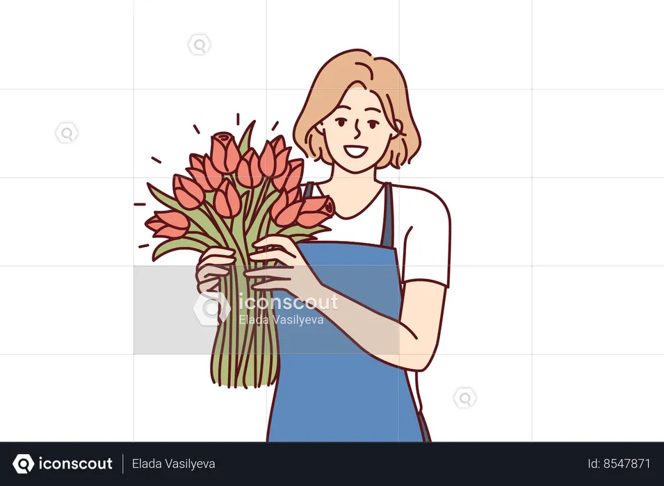 Positive woman flower seller stands with luxurious bouquet and smiling looks at camera  Illustration