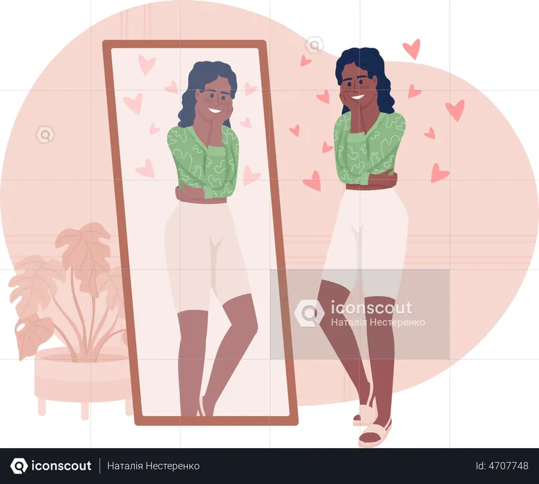 Positive woman looking at mirror  Illustration