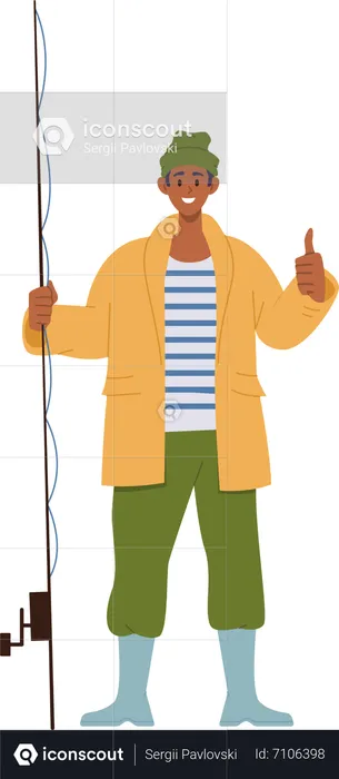 Positive young fisherman in overalls with rod gesturing thumbsup  Illustration