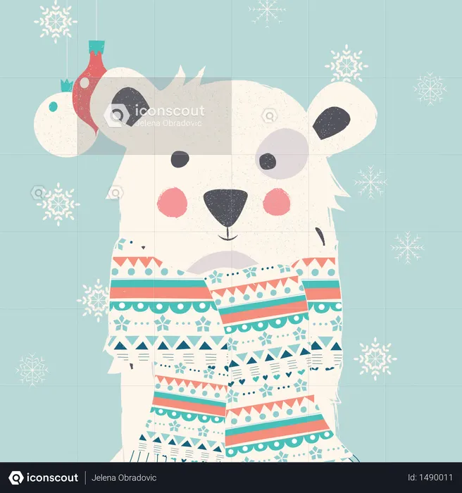 Cartão postal de feliz Natal com urso polar branco usando cachecol  Ilustração