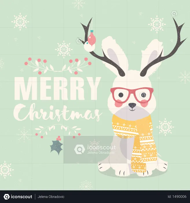 Postal de feliz Navidad, conejo polar hipster con gafas y astas  Ilustración
