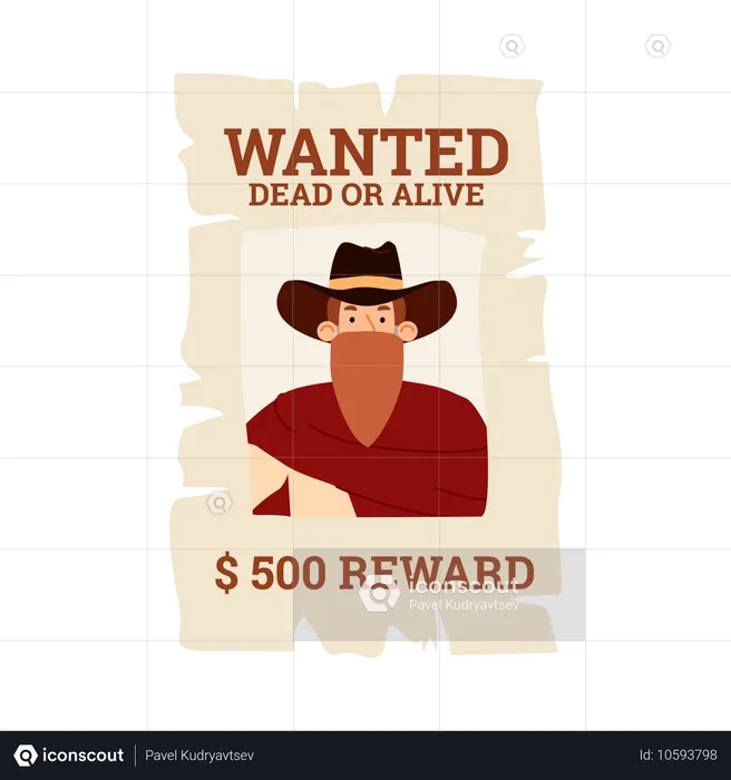 Plakat mit Wildwest-Banditen-Cowboy mit Hut und Maske, der als Belohnung gesucht wird  Illustration