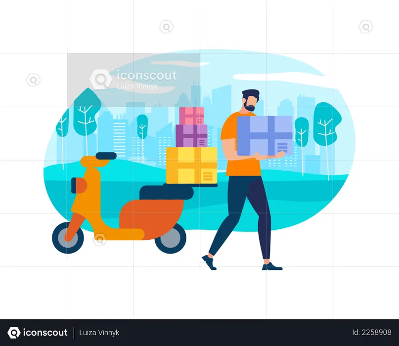 Postman Courier With Parcel on Motorbike  Illustration
