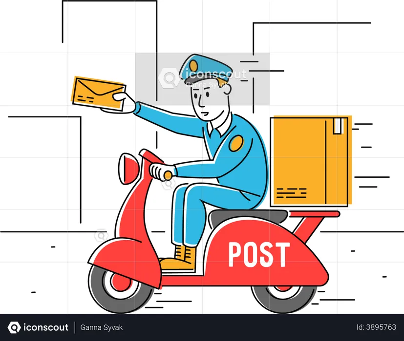 Postman delivering parcel through scooter  Illustration