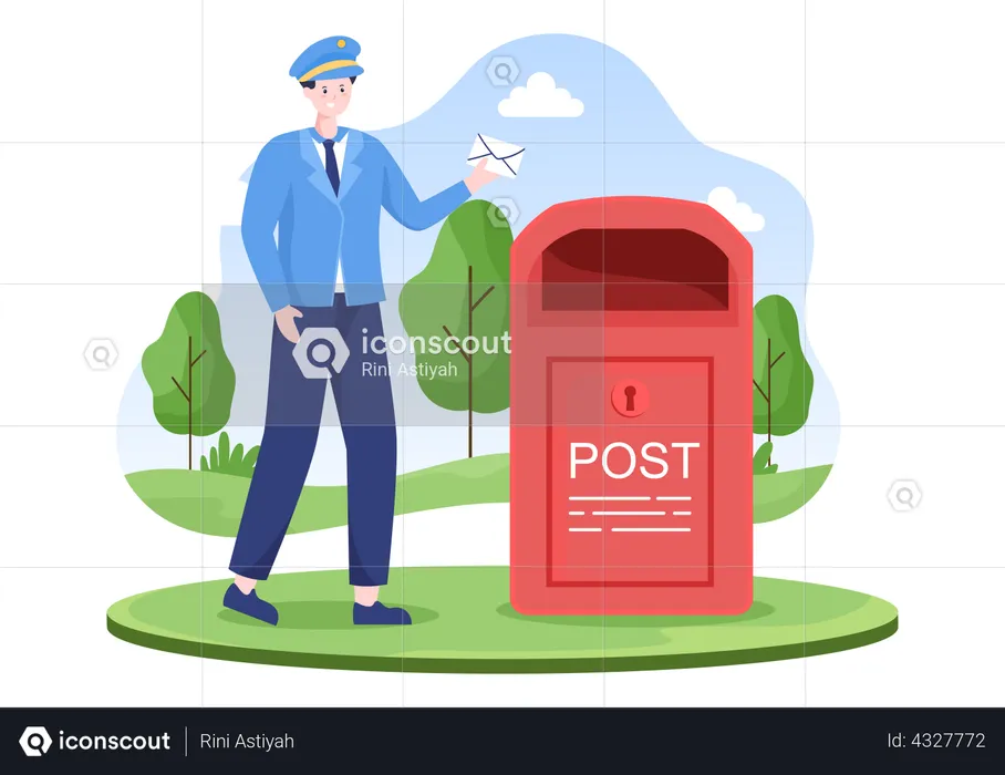 Postman Placing Envelope in Postal Service Mailbox  Illustration