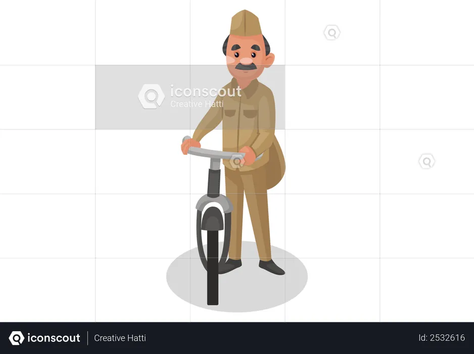 Postman standing with bicycle  Illustration