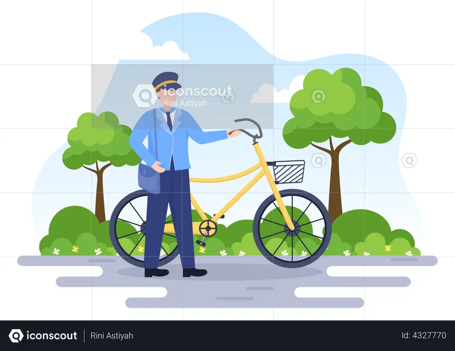 Postman standing with cycle  Illustration