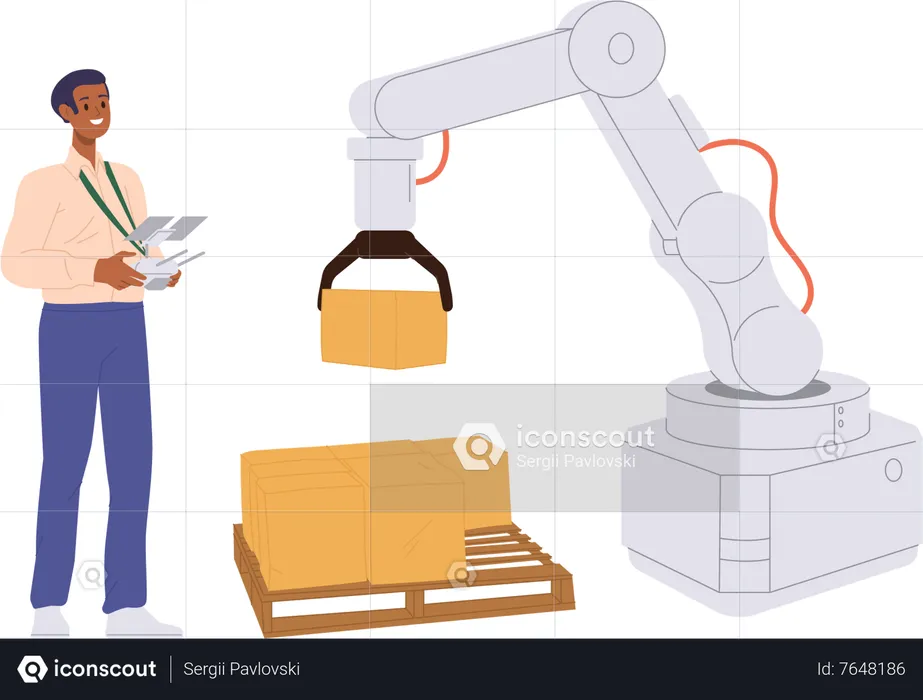 Postman using robotic multi-jointed limbs for parcel loading  Illustration