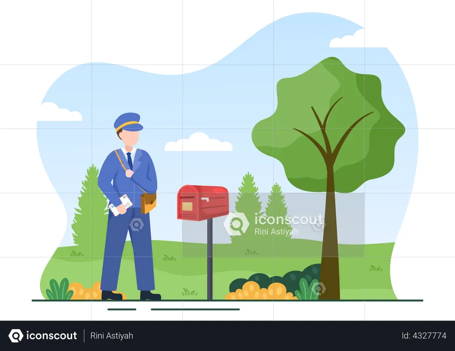 Postman Wearing a Uniform Carrying a Backpack Containing Letters  Illustration