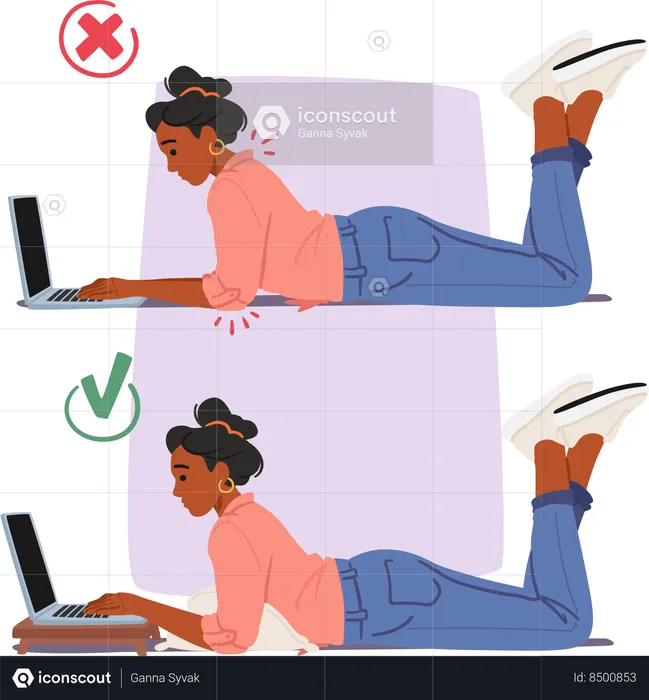 Postura correta e errada ao trabalhar no laptop  Ilustração
