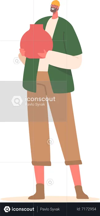 Potter Male Holds Clay Pot In Hands  Illustration
