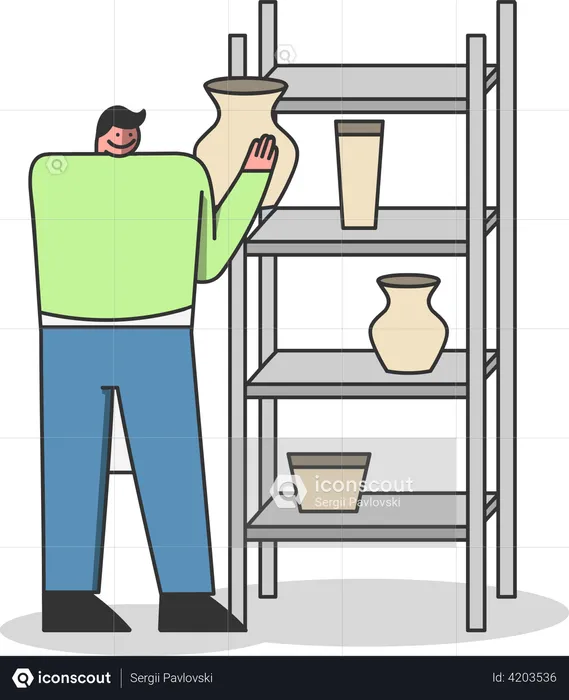 Pottery artist placing clay jar on cupboard  Illustration