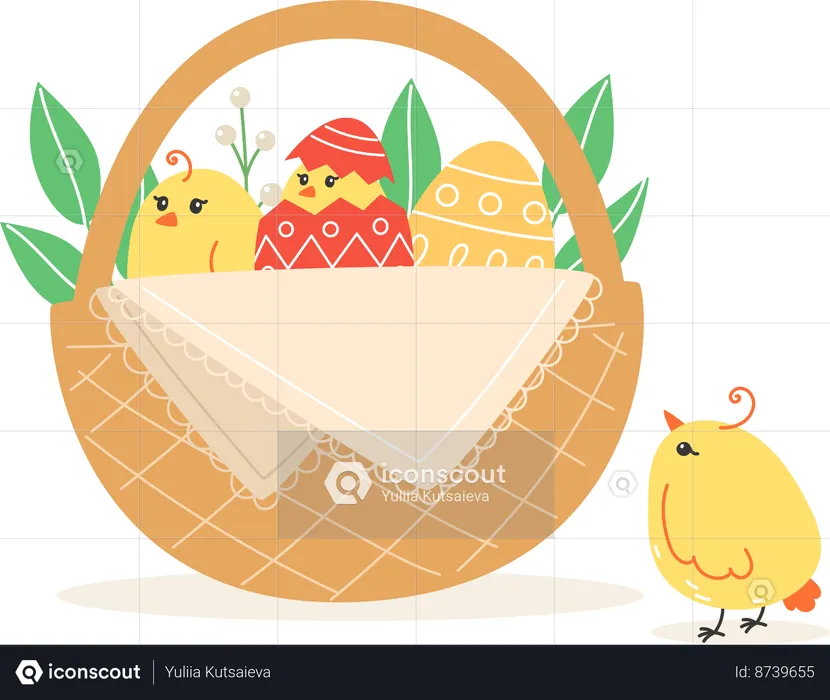 Poulets et œufs peints dans un panier en osier pour les vacances  Illustration