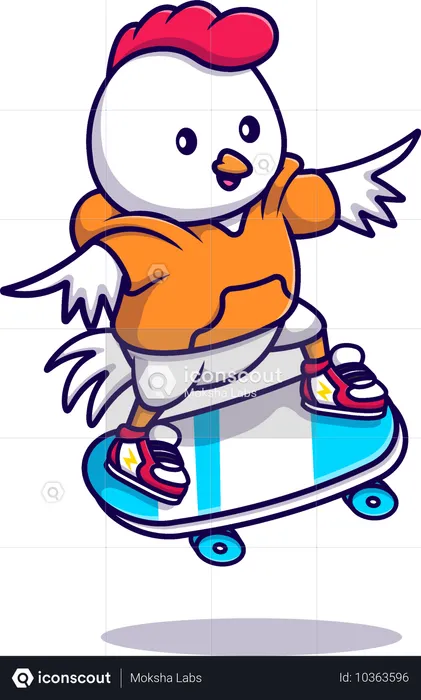 Poulet cool jouant au skateboard  Illustration