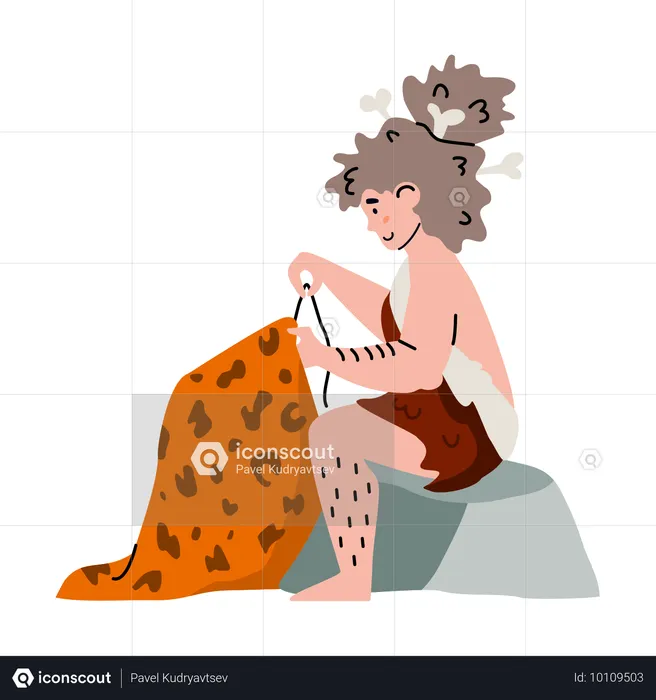 Prähistorische Neandertalerin beim Nähen  Illustration