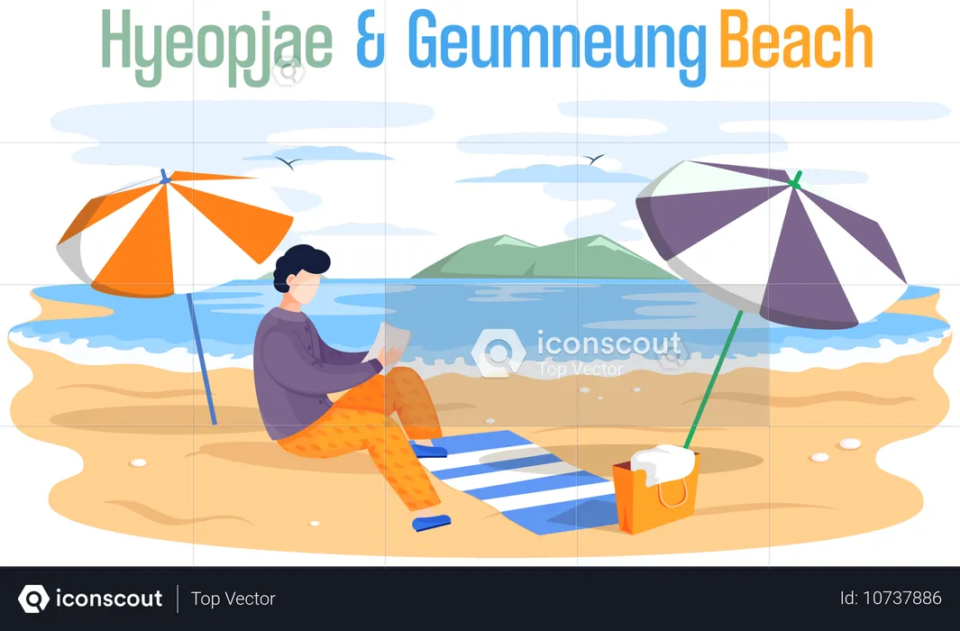 Praia de Hyeopjae Geumneung, famoso ponto turístico da Ilha de Jeju, na Coreia do Sul  Ilustração