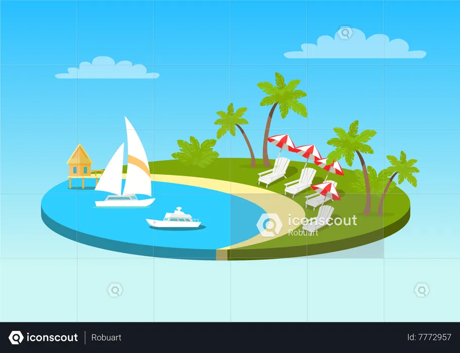 Praia tropical ensolarada  Ilustração