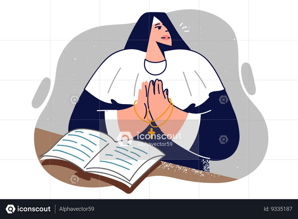 Praying catholic woman stands near open bible  Illustration