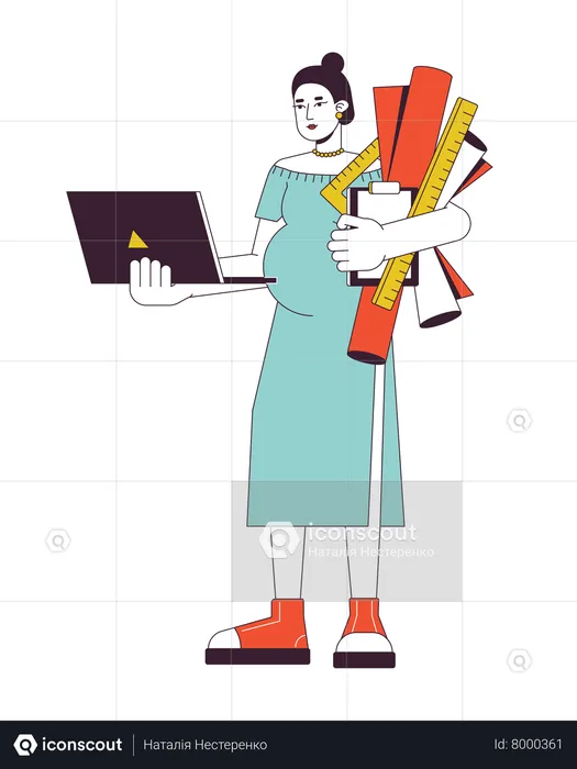 Pregnant architect woman with drawings  Illustration