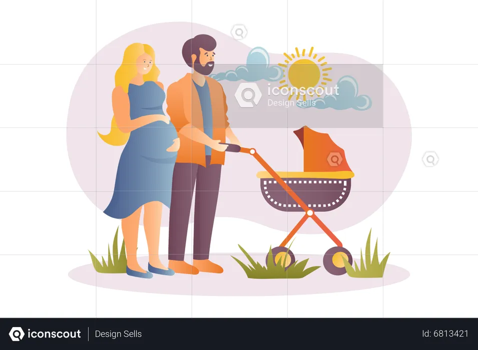 Pregnant couple standing with baby stroller  Illustration
