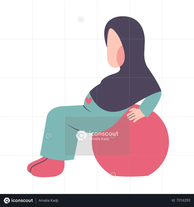 Pregnant Hijab Mother Exercising On Fitness Ball  Illustration