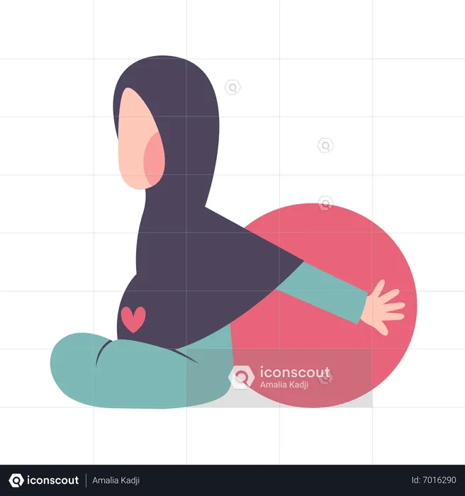Pregnant Hijab Mother Exercising With Fitness Ball  Illustration