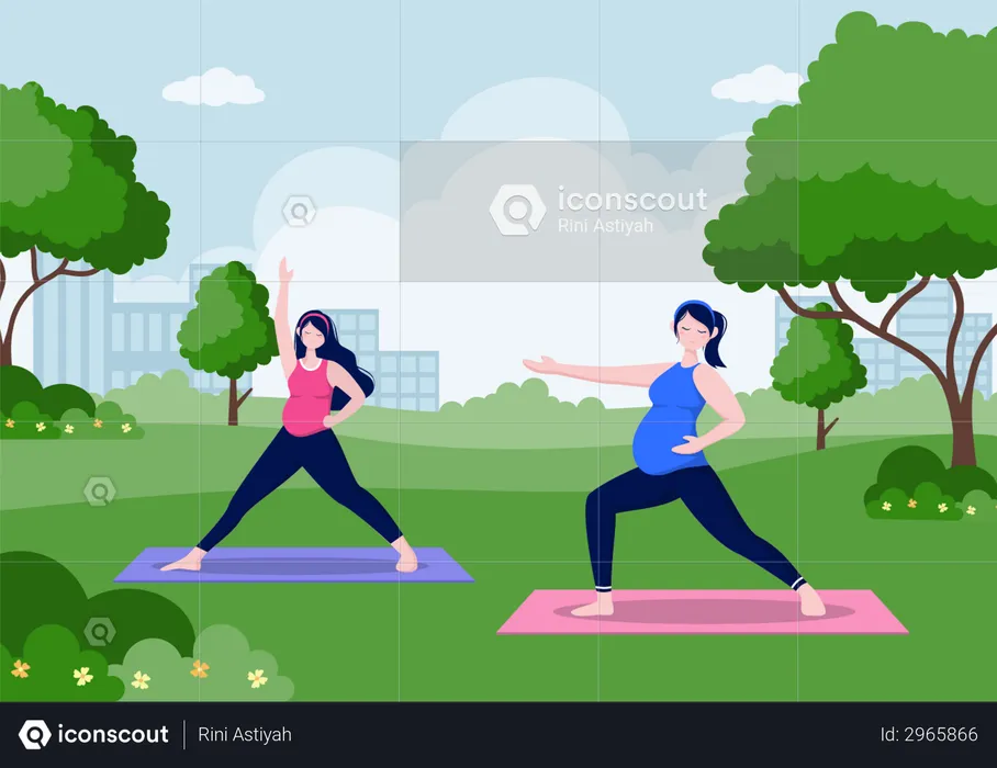 Pregnant ladies Doing Yoga Poses With Relaxing at park  Illustration