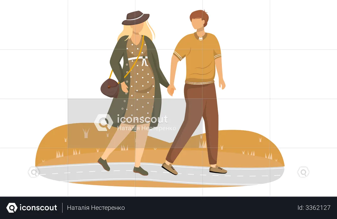 Pregnant lady and husband walk in park  Illustration