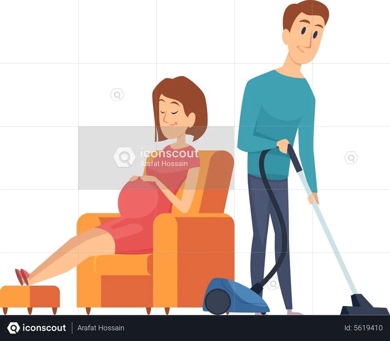 Pregnant lady relaxing on sofa and man doing vacuuming  Illustration