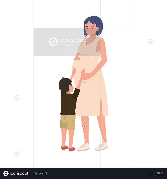 Pregnant Woman and Son Petting Mom's Belly  Illustration