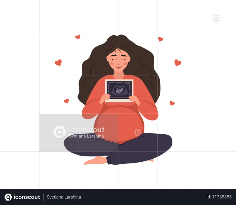 Pregnant Woman In Lotus Position Holding Fetus Sonography report  Illustration