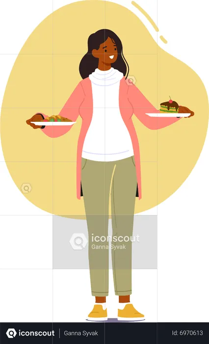 Pregnant Woman Making Choice Between Healthy And Unhealthy Meals Standing In Kitchen With Two Plates  Illustration