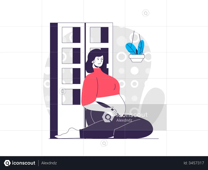 Pregnant woman sitting on floor in room  Illustration