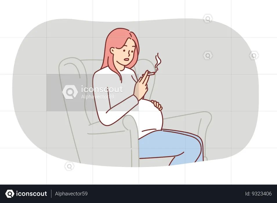 Pregnant woman smokes cigarette sitting in chair and risks health child due to nicotine addiction  Illustration